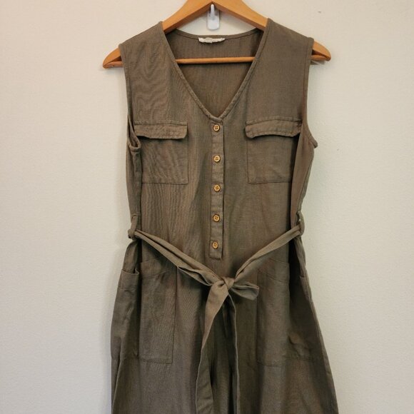 The Shanty corporation Cotton Flax Utility Slvless Jumpsuit Green Women S Chic - Picture 3 of 16